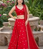 RED EMBROIDERED & MIRROR  ART SILK DESIGNER LEHENGA CHOLI SET FOR WOMEN'S