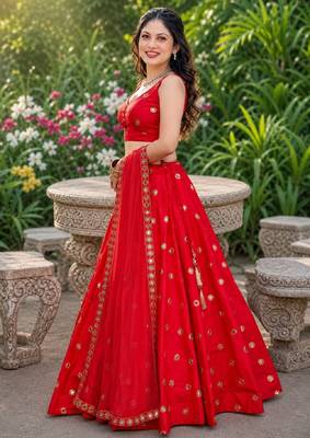 RED EMBROIDERED & MIRROR  ART SILK DESIGNER LEHENGA CHOLI SET FOR WOMEN'S 2