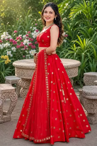 RED EMBROIDERED & MIRROR  ART SILK DESIGNER LEHENGA CHOLI SET FOR WOMEN'S