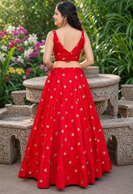 RED EMBROIDERED & MIRROR  ART SILK DESIGNER LEHENGA CHOLI SET FOR WOMEN'S 3