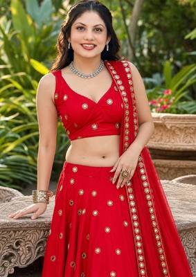 RED EMBROIDERED & MIRROR  ART SILK DESIGNER LEHENGA CHOLI SET FOR WOMEN'S 4