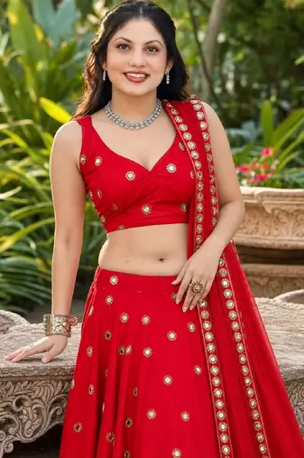RED EMBROIDERED & MIRROR  ART SILK DESIGNER LEHENGA CHOLI SET FOR WOMEN'S