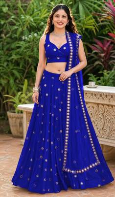 LIGHT BLUE EMBROIDERED & MIRROR ART SILK DESIGNER LEHENGA CHOLI SET FOR WOMEN'S 1
