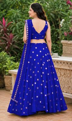 LIGHT BLUE EMBROIDERED & MIRROR ART SILK DESIGNER LEHENGA CHOLI SET FOR WOMEN'S 3