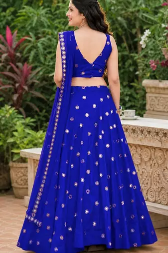 LIGHT BLUE EMBROIDERED & MIRROR ART SILK DESIGNER LEHENGA CHOLI SET FOR WOMEN'S