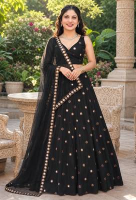 BLACK EMBROIDERED & MIRROR WORK ART SILK DESIGNER LEHENGA CHOLI SET FOR WOMEN'S 1
