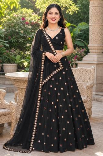 BLACK EMBROIDERED & MIRROR WORK ART SILK LEHENGA CHOLI SET