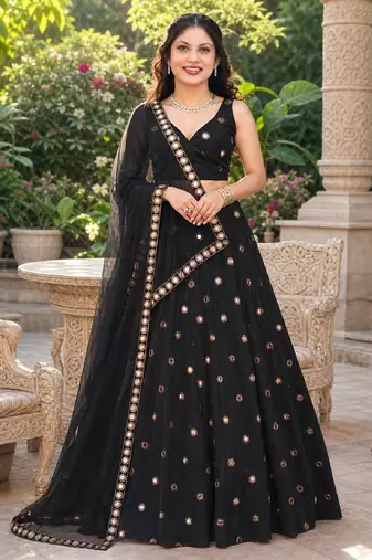 BLACK EMBROIDERED & MIRROR WORK ART SILK DESIGNER LEHENGA CHOLI SET FOR WOMEN'S