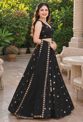 BLACK EMBROIDERED & MIRROR WORK ART SILK DESIGNER LEHENGA CHOLI SET FOR WOMEN'S 2