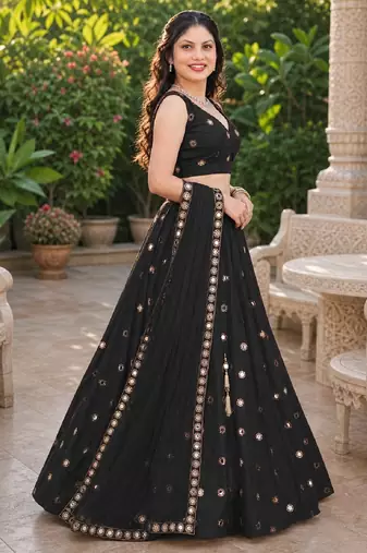BLACK EMBROIDERED & MIRROR WORK ART SILK DESIGNER LEHENGA CHOLI SET FOR WOMEN'S