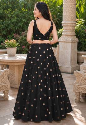 BLACK EMBROIDERED & MIRROR WORK ART SILK DESIGNER LEHENGA CHOLI SET FOR WOMEN'S 3