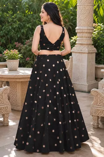 BLACK EMBROIDERED & MIRROR WORK ART SILK DESIGNER LEHENGA CHOLI SET FOR WOMEN'S
