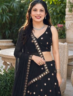 BLACK EMBROIDERED & MIRROR WORK ART SILK DESIGNER LEHENGA CHOLI SET FOR WOMEN'S 4