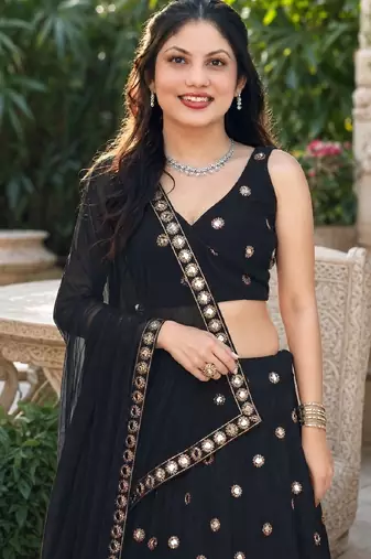 BLACK EMBROIDERED & MIRROR WORK ART SILK DESIGNER LEHENGA CHOLI SET FOR WOMEN'S