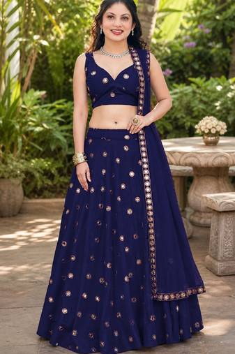 NAVY BLUE EMBROIDERED & MIRROR ART SILK LEHENGA CHOLI SET