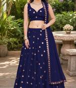 NAVY BLUE EMBROIDERED & MIRROR ART SILK DESIGNER LEHENGA CHOLI SET FOR WOMEN'S