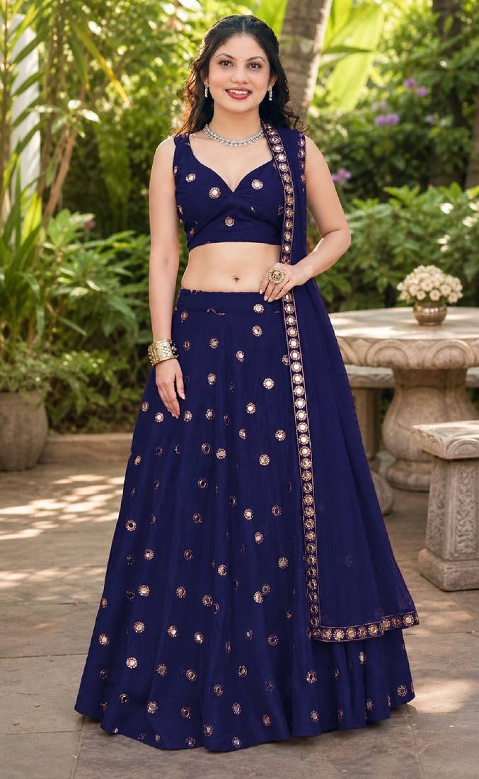 NAVY BLUE EMBROIDERED & MIRROR ART SILK DESIGNER LEHENGA CHOLI SET FOR WOMEN'S