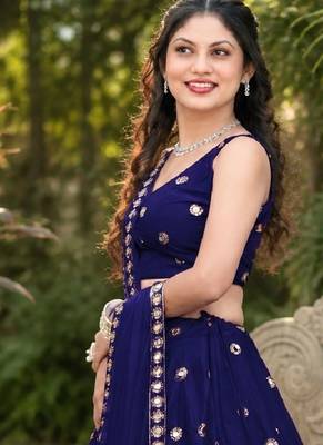 NAVY BLUE EMBROIDERED & MIRROR ART SILK DESIGNER LEHENGA CHOLI SET FOR WOMEN'S 2