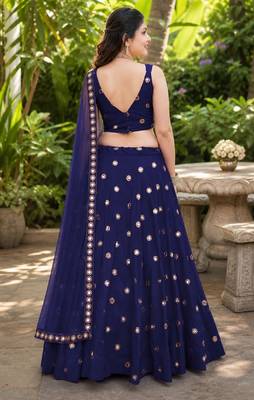 NAVY BLUE EMBROIDERED & MIRROR ART SILK DESIGNER LEHENGA CHOLI SET FOR WOMEN'S 3