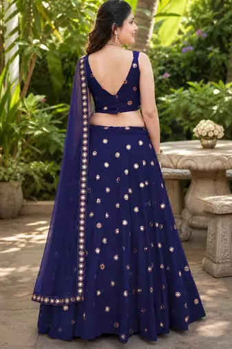 NAVY BLUE EMBROIDERED & MIRROR ART SILK DESIGNER LEHENGA CHOLI SET FOR WOMEN'S