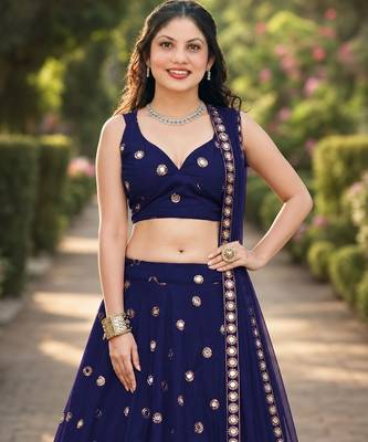NAVY BLUE EMBROIDERED & MIRROR ART SILK DESIGNER LEHENGA CHOLI SET FOR WOMEN'S 4