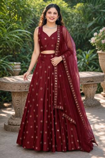 MAROON EMBROIDERED & MIRROR WORK ART SILK LEHENGA CHOLI SET