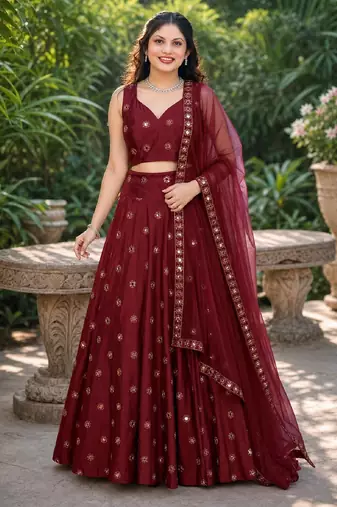 MAROON EMBROIDERED & MIRROR WORK ART SILK DESIGNER LEHENGA CHOLI SET FOR WOMEN'S