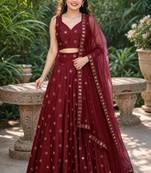 MAROON EMBROIDERED & MIRROR WORK ART SILK DESIGNER LEHENGA CHOLI SET FOR WOMEN'S