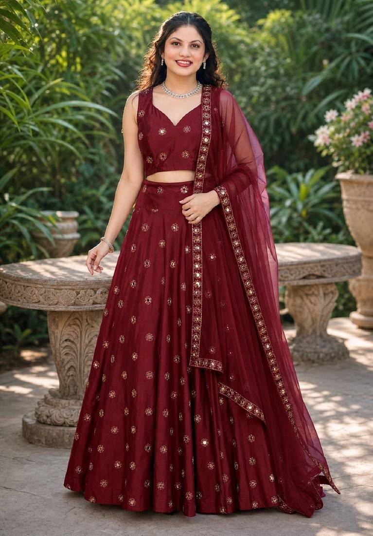 MAROON EMBROIDERED & MIRROR WORK ART SILK DESIGNER LEHENGA CHOLI SET FOR WOMEN'S