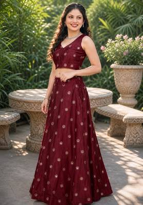 MAROON EMBROIDERED & MIRROR WORK ART SILK DESIGNER LEHENGA CHOLI SET FOR WOMEN'S 2
