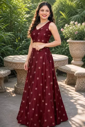 MAROON EMBROIDERED & MIRROR WORK ART SILK DESIGNER LEHENGA CHOLI SET FOR WOMEN'S