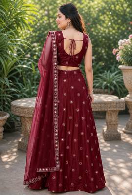 MAROON EMBROIDERED & MIRROR WORK ART SILK DESIGNER LEHENGA CHOLI SET FOR WOMEN'S 3