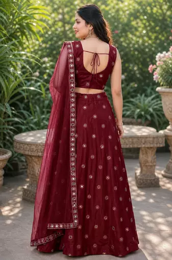 MAROON EMBROIDERED & MIRROR WORK ART SILK DESIGNER LEHENGA CHOLI SET FOR WOMEN'S