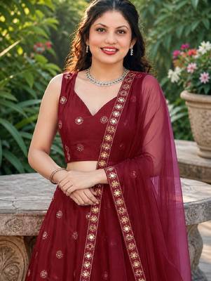 MAROON EMBROIDERED & MIRROR WORK ART SILK DESIGNER LEHENGA CHOLI SET FOR WOMEN'S 4