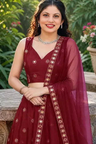 MAROON EMBROIDERED & MIRROR WORK ART SILK DESIGNER LEHENGA CHOLI SET FOR WOMEN'S