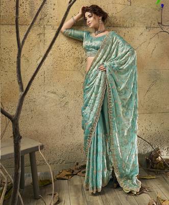 Green designer velvet satin embroidered saree with heavy blouse 1