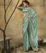 Green designer velvet satin embroidered saree with heavy blouse