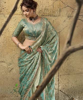 Green designer velvet satin embroidered saree with heavy blouse 2
