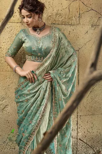 Green designer velvet satin embroidered saree with heavy blouse