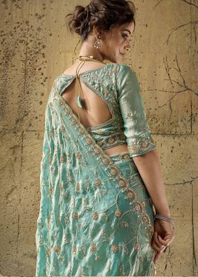 Green designer velvet satin embroidered saree with heavy blouse 3