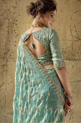 Green designer velvet satin embroidered saree with heavy blouse