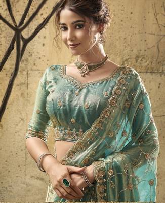 Green designer velvet satin embroidered saree with heavy blouse 4