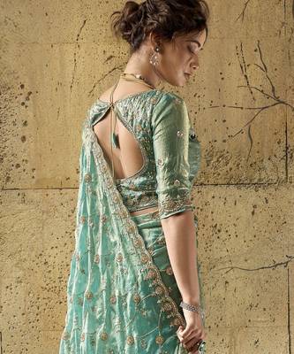 Green designer velvet satin embroidered saree with heavy blouse 5