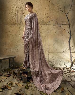 Mauve designer velvet satin embroidered saree with heavy blouse 1