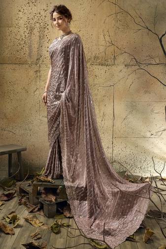 Mauve designer velvet satin embroidered saree with heavy blouse