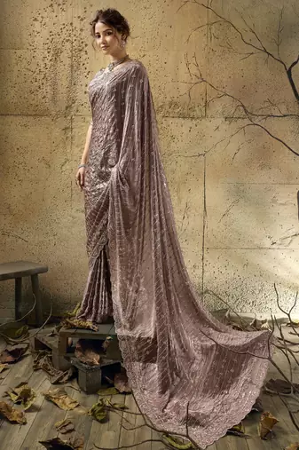 Mauve designer velvet satin embroidered saree with heavy blouse