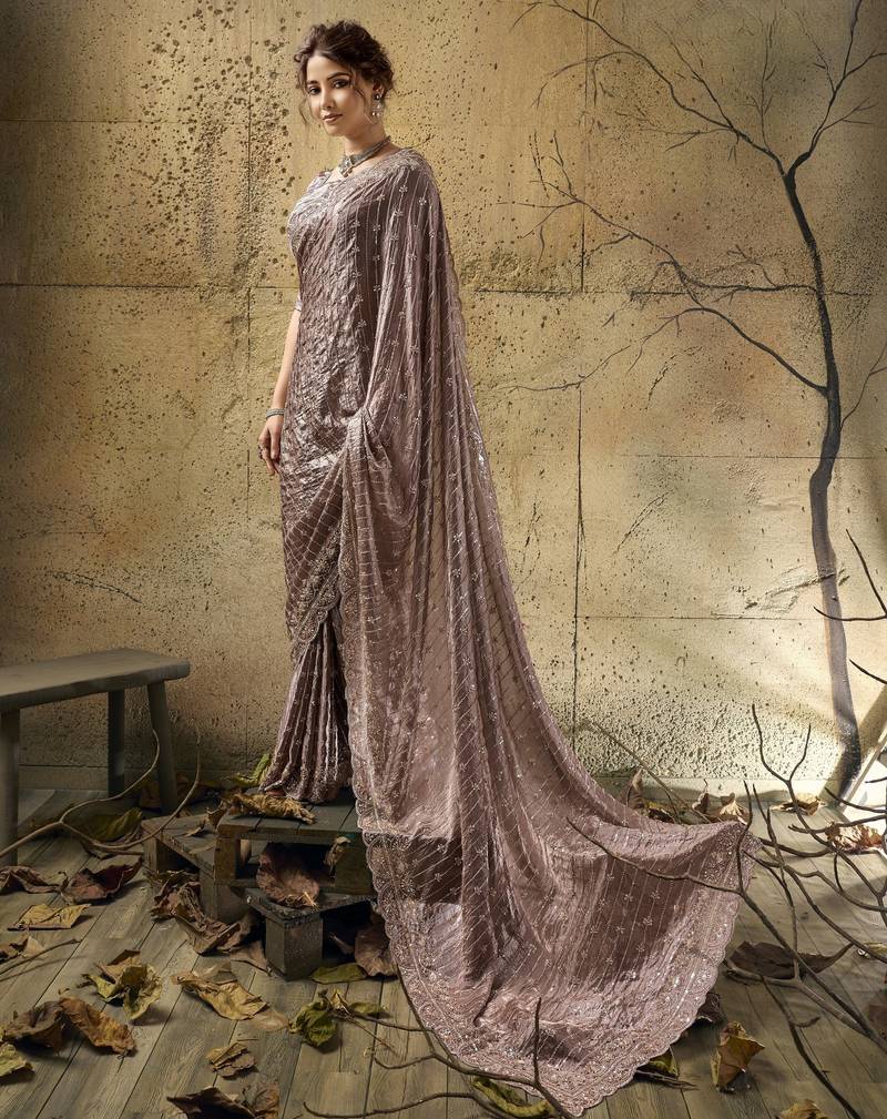 Mauve designer velvet satin embroidered saree with heavy blouse