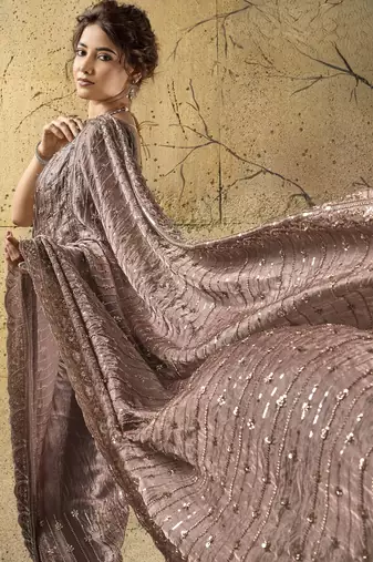 Mauve designer velvet satin embroidered saree with heavy blouse