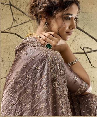 Mauve designer velvet satin embroidered saree with heavy blouse 3