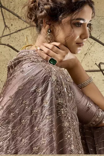 Mauve designer velvet satin embroidered saree with heavy blouse